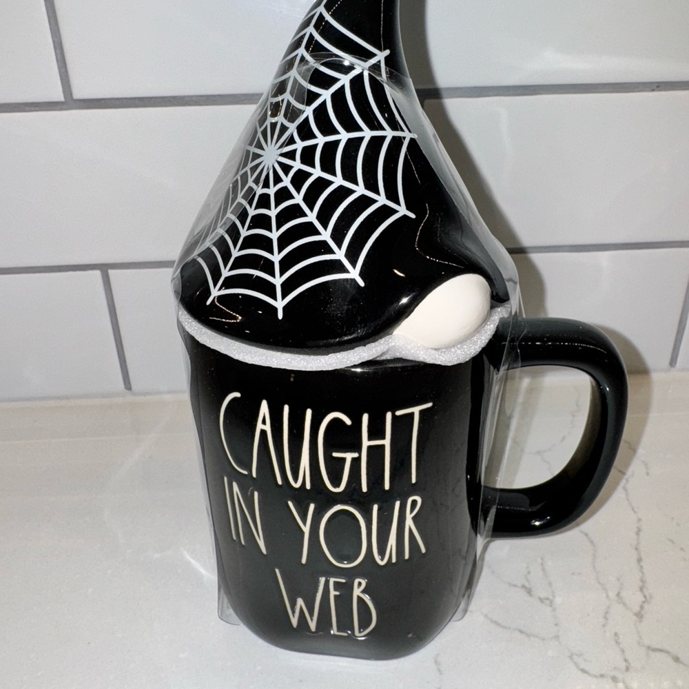 Rae Dunn Black Artisan Mug with Lid ‘Caught in Your Web’